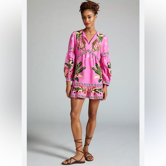 Farm Rio Anthropology leopard forest mini Vibrant Pink Embroidered Dress - Picture 1 of 7